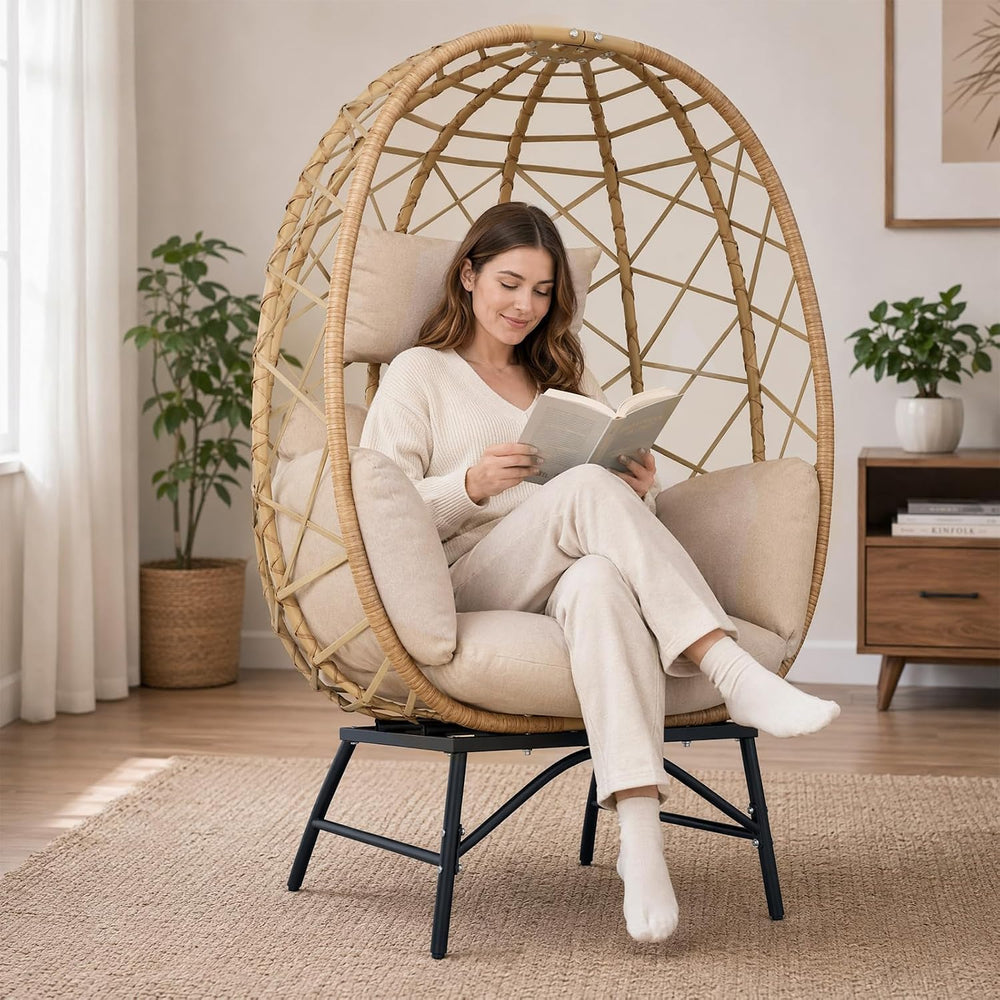 SWITTE Outdoor Wicker Egg Chair with Cushion, Patio Lounge Chair, Beige