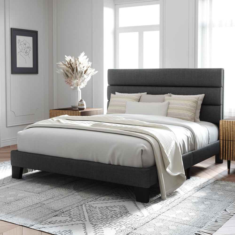 Allewie Full Size Platform Bed Frame with Fabric Upholstered Headboard Gray