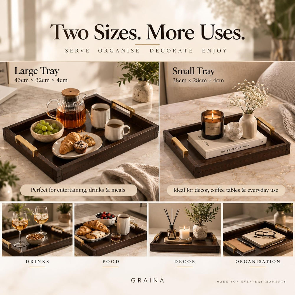 Acacia Wood Tray for Coffee Table, Set of 2 Ottoman Trays with Gold Handles