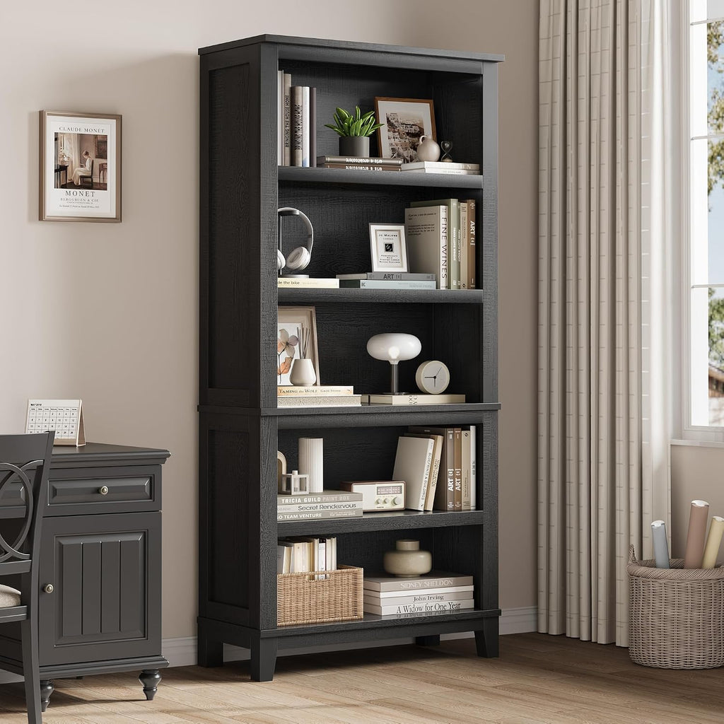 IDEALHOUSE 71" Tall Farmhouse Bookshelf with Adjustable Shelves(Black)