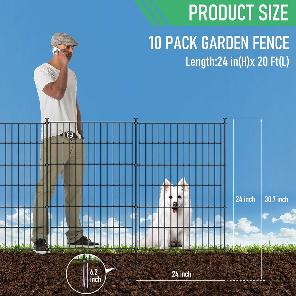 10‑Panel No‑Dig Garden Fence, 24" H x 20'L Outdoor Dog Barrier