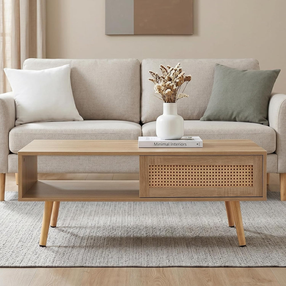 IANIYA 41'' Rattan Coffee Table with Storage, Boho Living Room Table