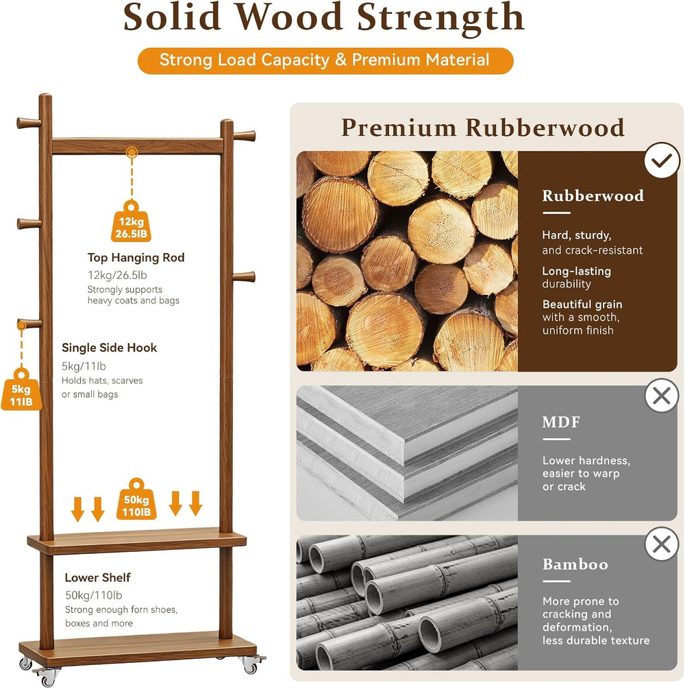 Taitiy Coat Rack Freestanding Solid Wood Clothes Rack with Wheels