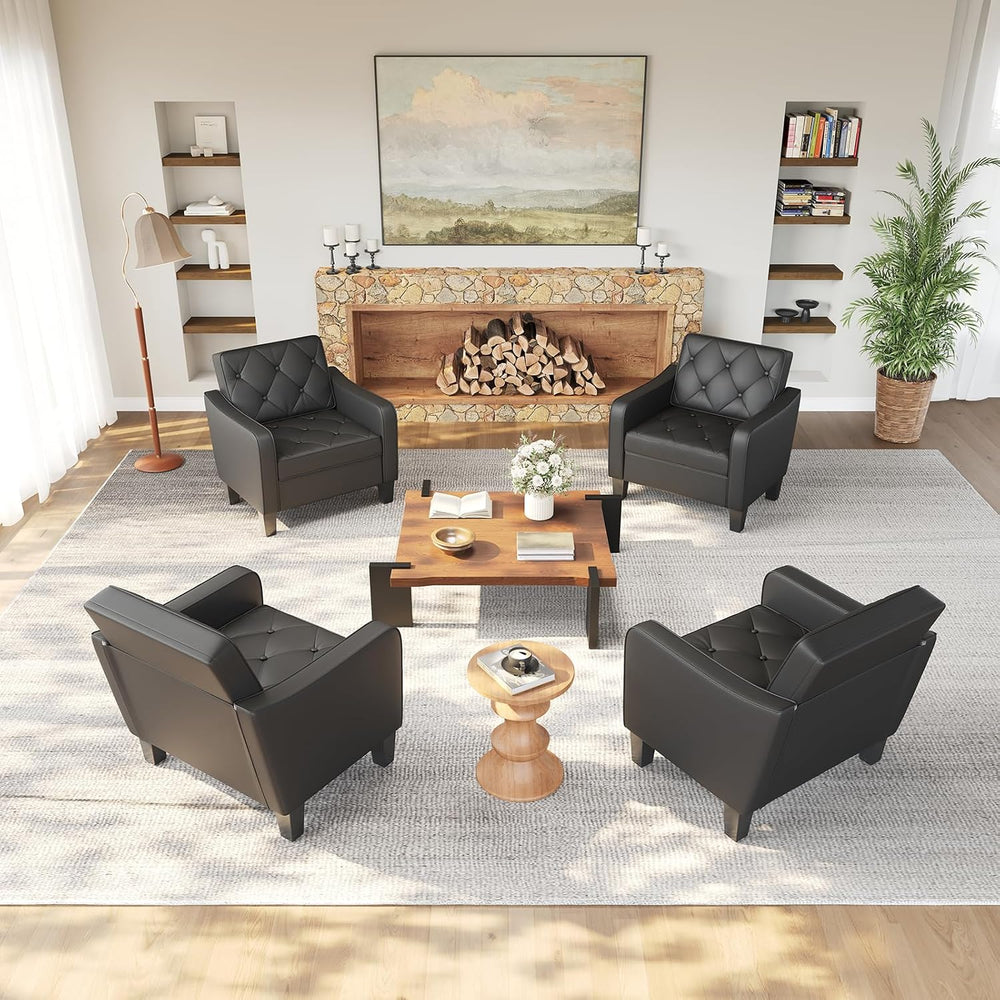 Black Tufted Leather Accent Chairs Set 2, Wide Armchairs Living Room Office