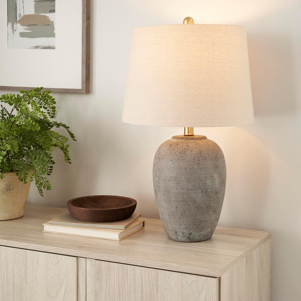 Nourison Home 23" Greyish Brown Earth Tone Rustic Farmhouse Ceramic Table Lamp for Bedroom, Living Room, Dining, Office, with Beige Linen Shade