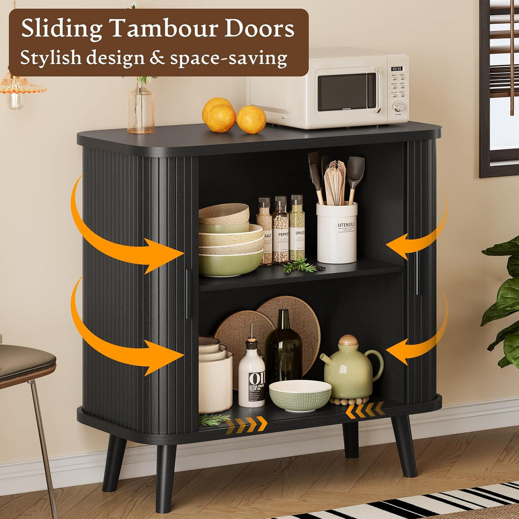 Xixini Fluted Sideboard Buffet Cabinet with Sliding Doors, 31.5", Black