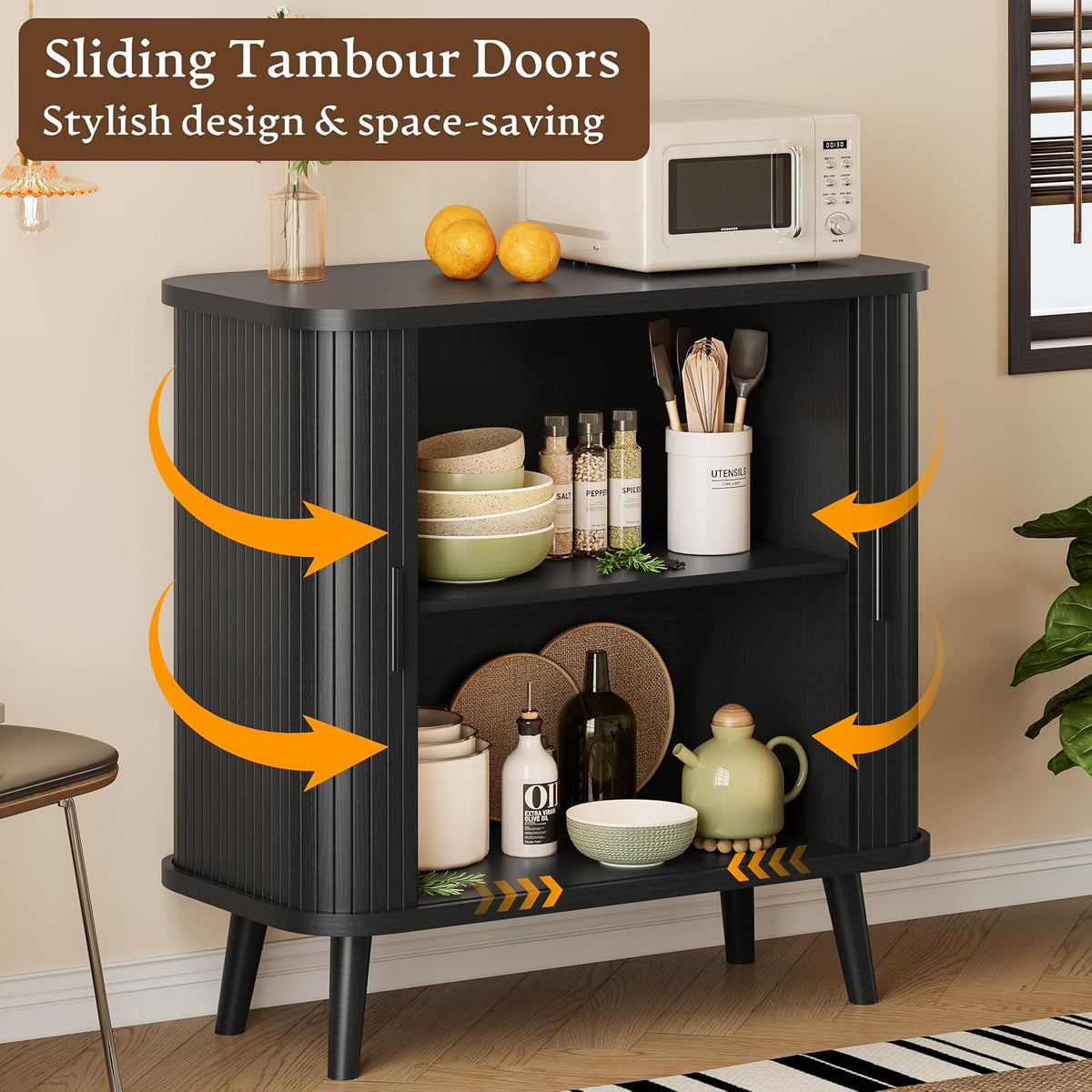 Xixini Fluted Sideboard Buffet Cabinet with Sliding Doors, 31.5", Black