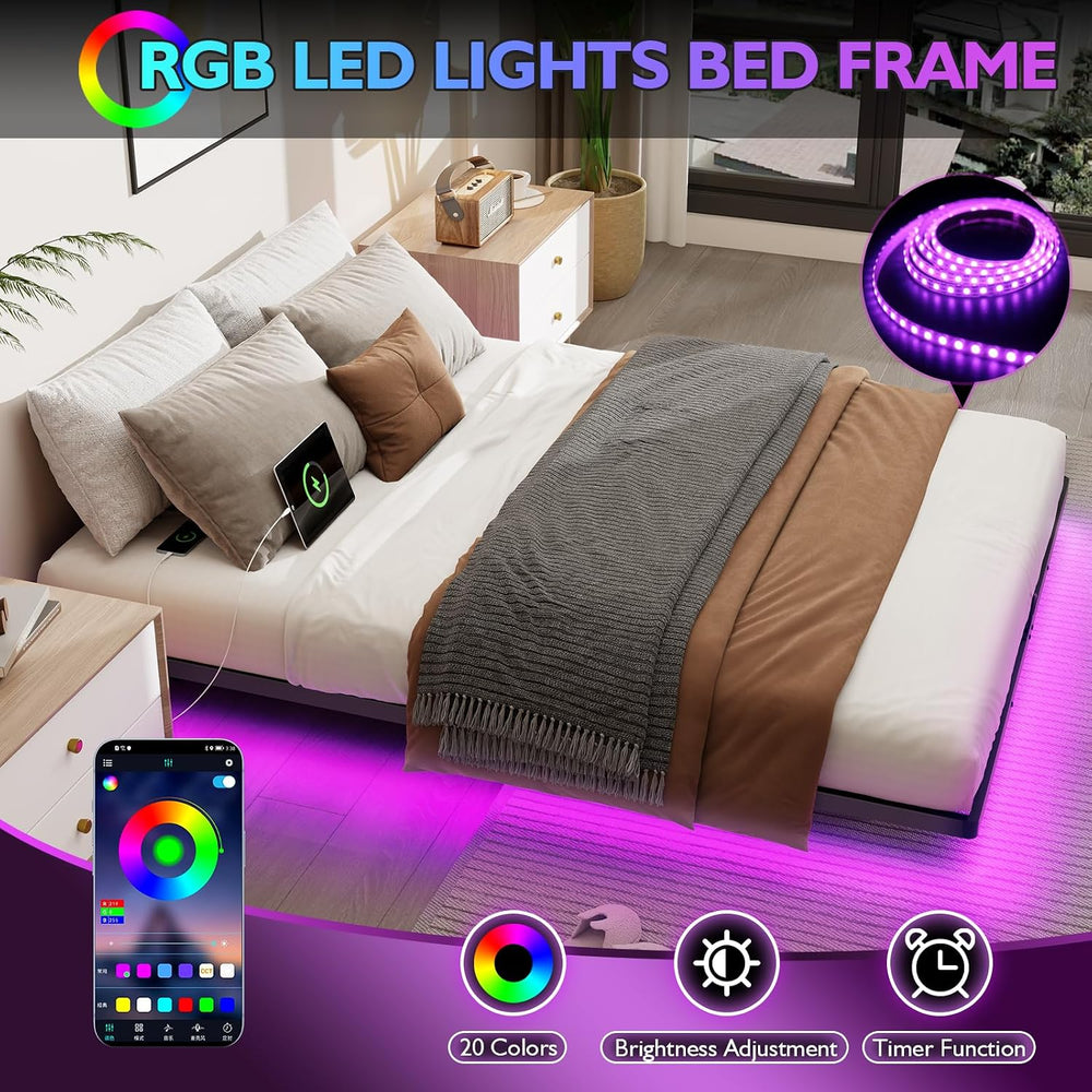 King Size Floating Metal Bed Frame with Smart LED Lights & Charging Stati...