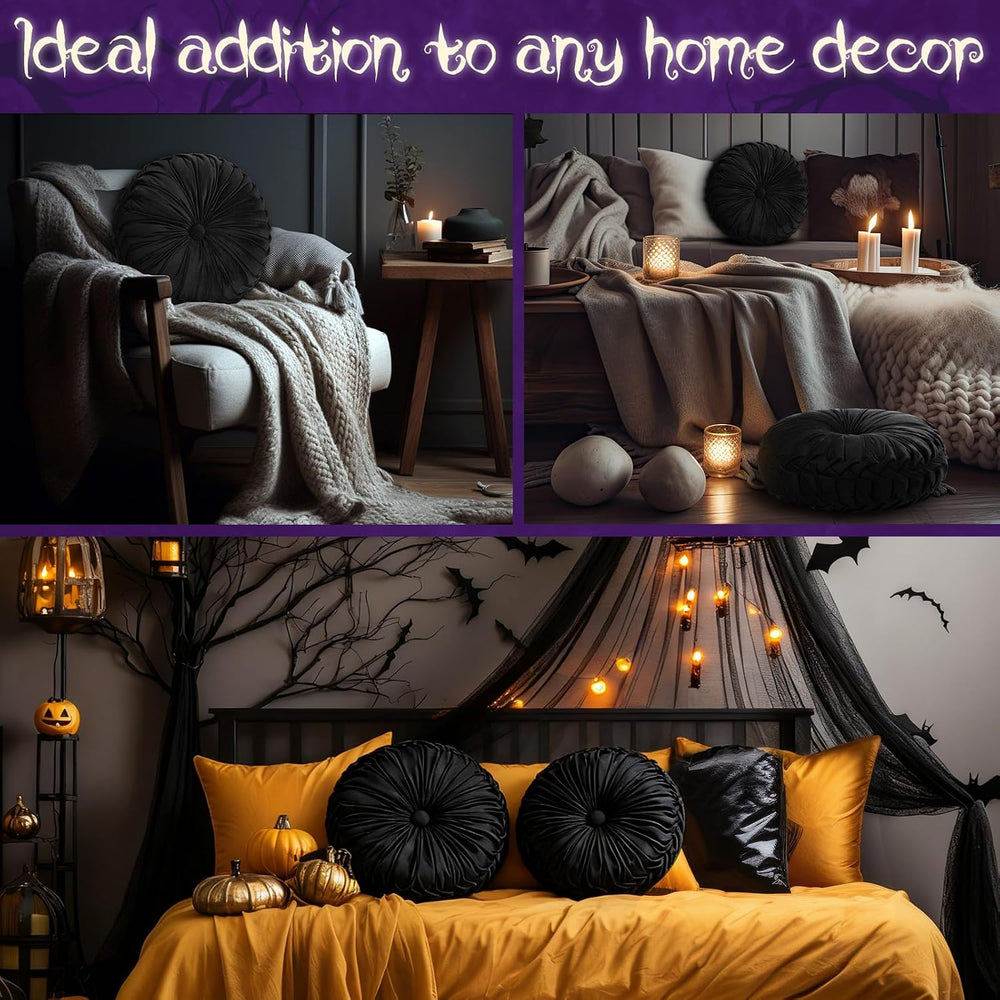 Beeveer 2 Pcs Round Throw Pillows Velvet Pleated Pillows, Black