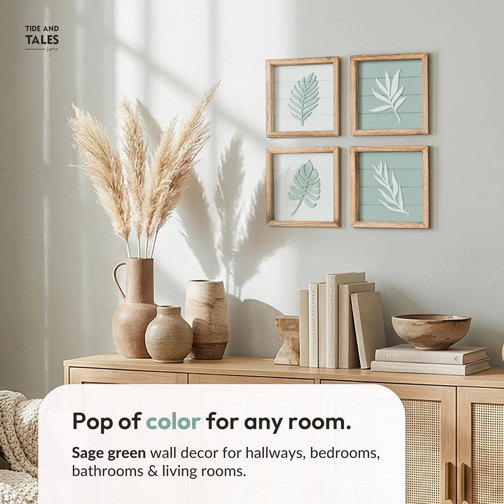 Tide and Tales 3d Sage Green Framed Wall Art, Set of 4, Bathroom Decor