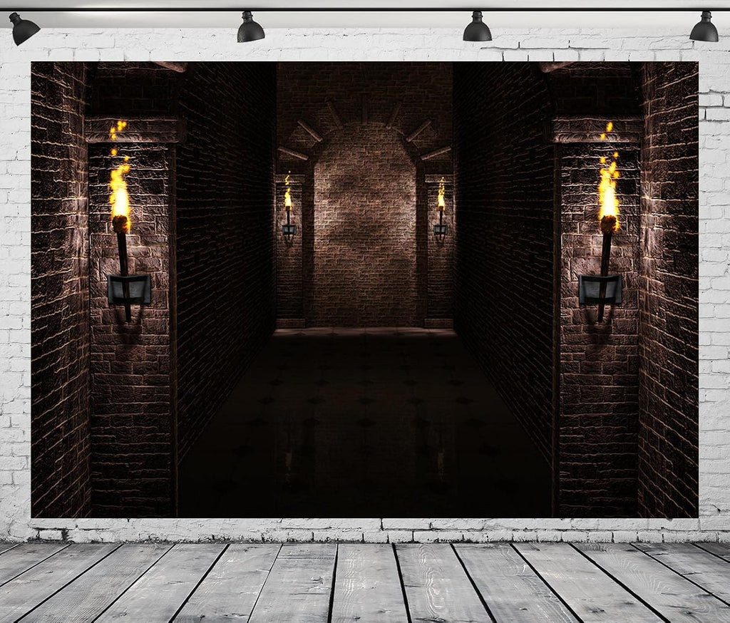BELECO 12x10ft Fabric Gothic Castle Backdrop Ancient Black Brick Stone Wall Arches Torches Dungeon Medieval Castle Scene Halloween Night Background Medieval Party Decorations Studio Booth Photo Props