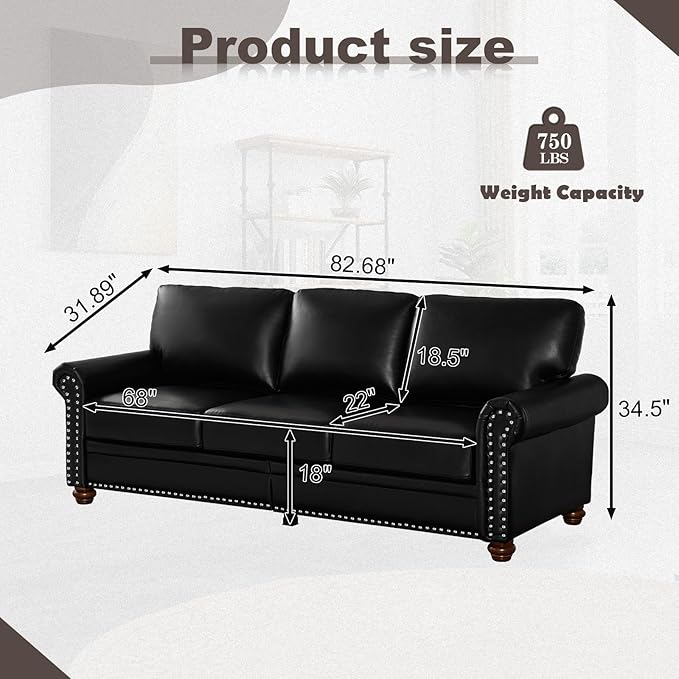 Faux Leather Sofa,82" W Mid Century Modern Couch with Storage Place,Oversized 3 Seater Sofa with Nailhead Trim&Rolled Armrests,Deep Seat Comfy Couch for Living Room,Bedroom,Apartment,Office(Black)