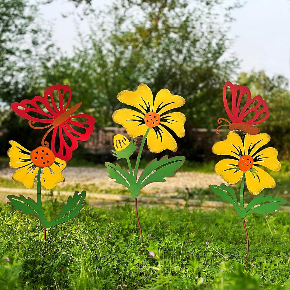 3-Pack Metal Flowers for Outside, 30-Inch Metal Yard Art