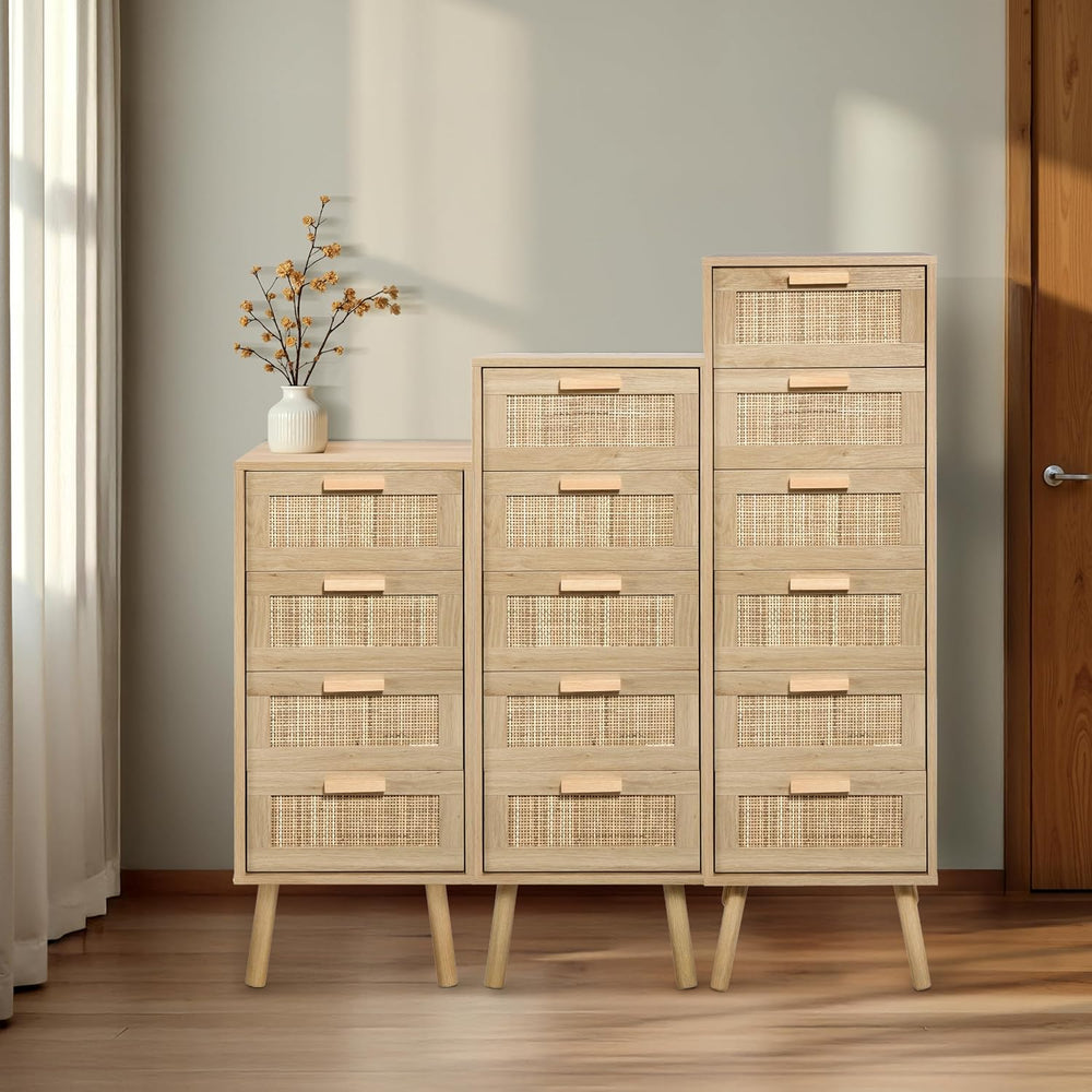 Finnhomy Rattan Dresser for Bedroom, Tall Dresser with 6 Hand Made Rattan Dec...