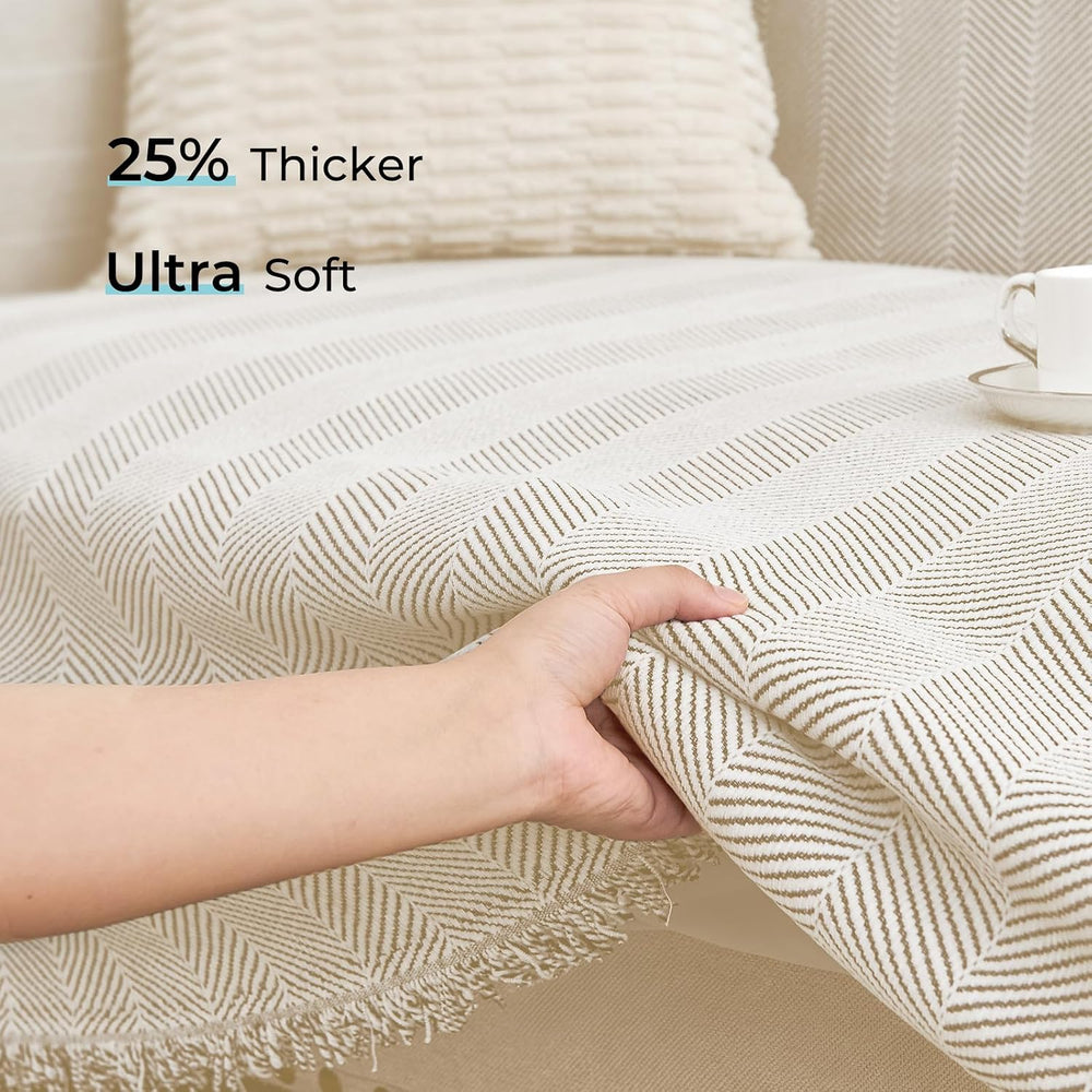Herringbone L Shaped Couch Cover for Sectional Sofa, 2 Pcs, Almond Cream