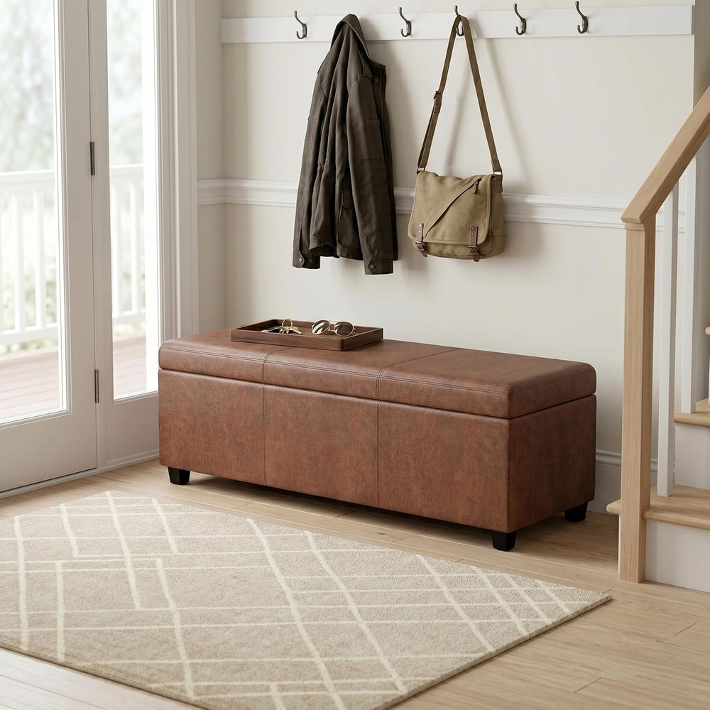 SIMPLIHOME Avalon 48" Wide Vegan Leather Storage Ottoman in Saddle Brown