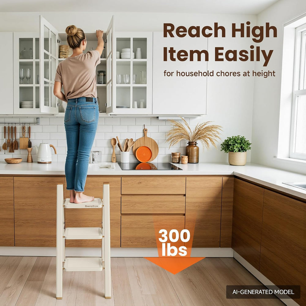 3 Step Ladder, Foldable 3 Step Stool, Cream Chocolate