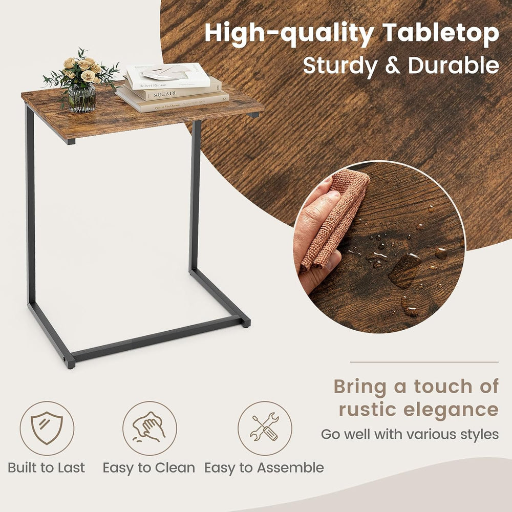 Tangkula C-Shaped End Table Set of 2, Rustic Brown