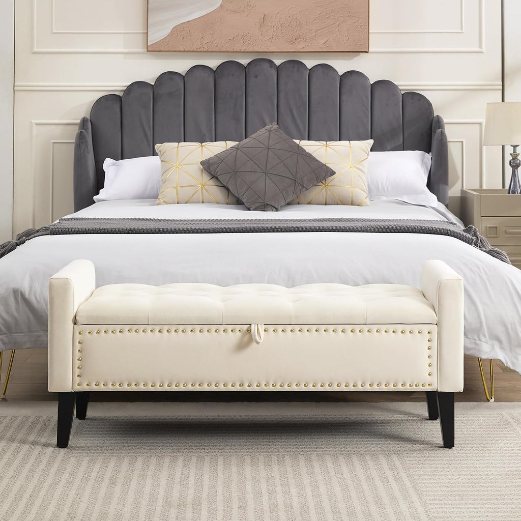 WUTUTUEE 47" Velvet Storage Bench, Upholstered Bed Bench with Storage, End of Bed Ottoman with Wooden Legs,Bedside Storage Bench for Bedroom, Living Room, or Entryway, Beige