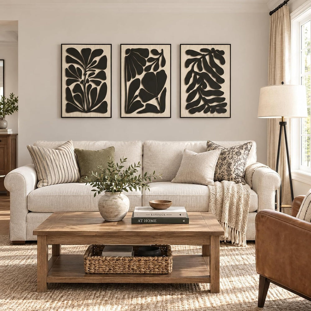 3D Large Solid Wood Wall Art Set of 3, Boho Botanical Wall Decor, 24x48 IN