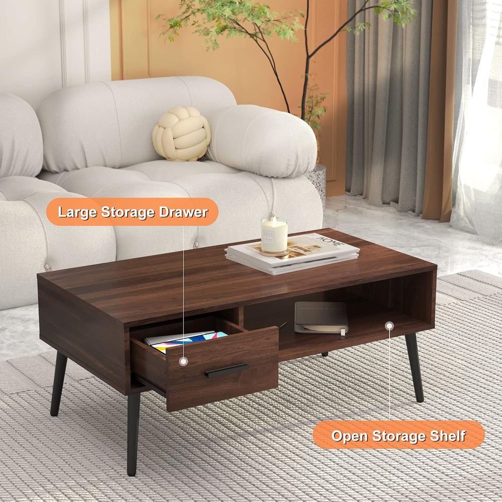 HAIOOU Mid Century Modern Coffee Table with Storage for Living Room -Walnut