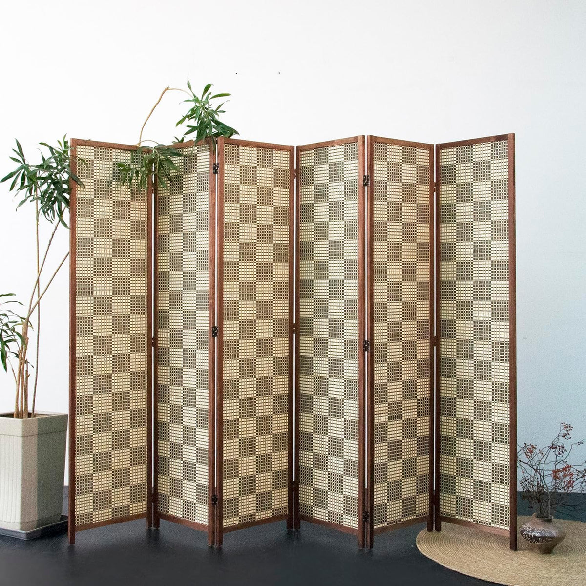 Furnnylane 6 Panel Bamboo Room Divider – 5.6 ft Tall Double-Sided Folding Privacy Screen, Freestanding Wall Partition for Home Office & Bedroom, Gray Brown Woven Texture, Easy Setup (67" H x 94.5" W)