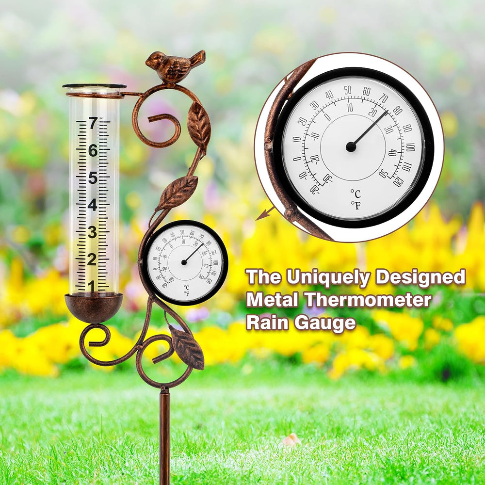 36in Bird Rain Gauge Thermometer Bronze Metal Garden Stake Decor