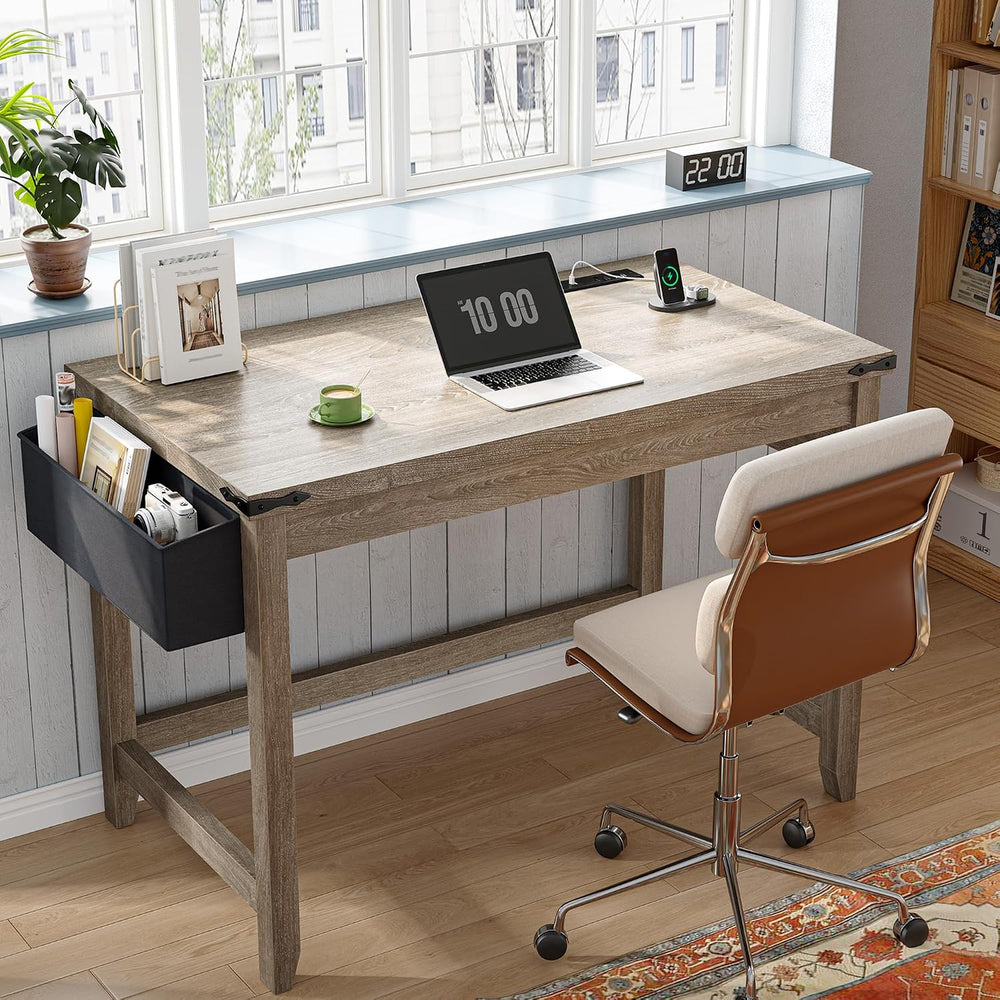 EnHomee 32"Farmhouse Writing Desk with Power Outlet,Storage Bag for Bedroom