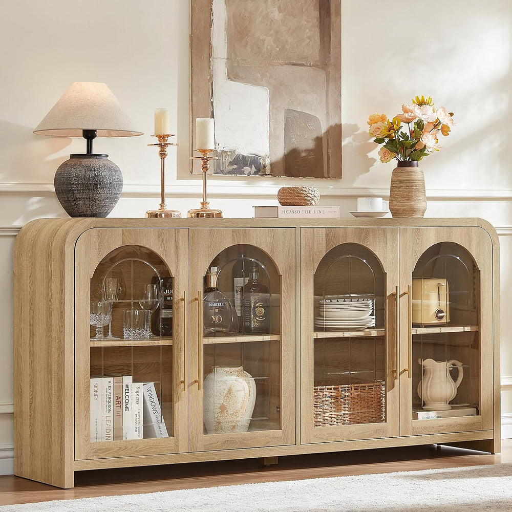 65" Sideboard Buffet Cabinet with Arched Glass Doors, Natural