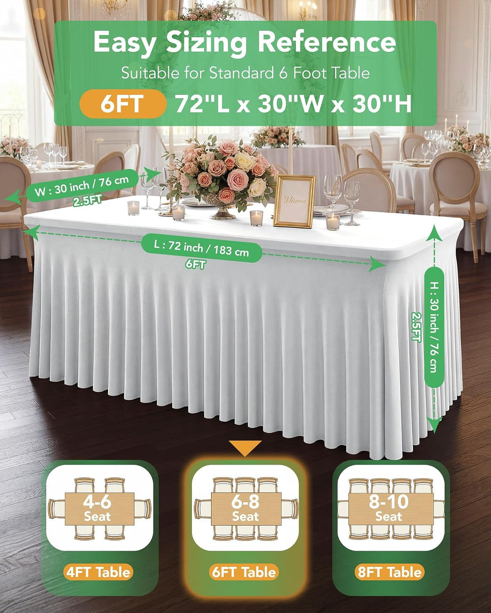 Spandex Table Cover Skirts with Floor-Length Ruffle, 6 ft, White, 6 Pack