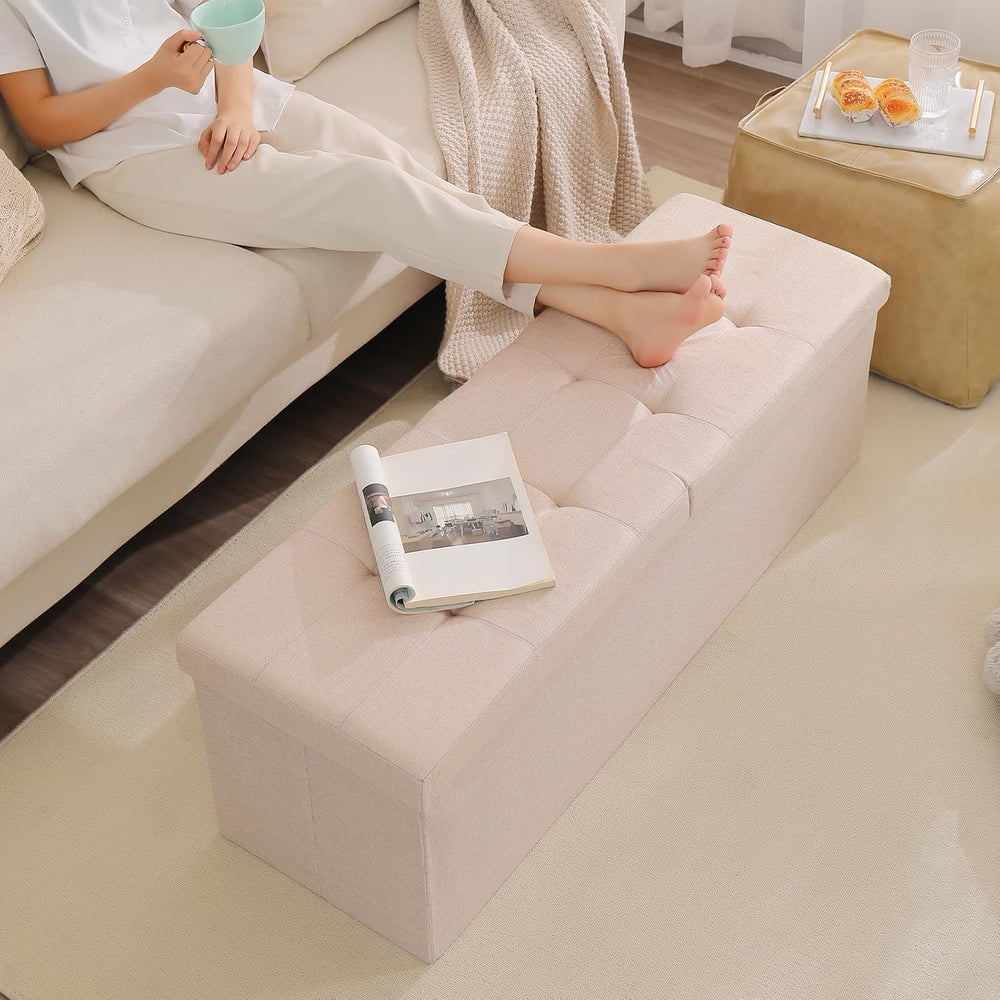 Storage Ottoman Bench Foldable Footrest Foot Stool, 45" Fabric Brown