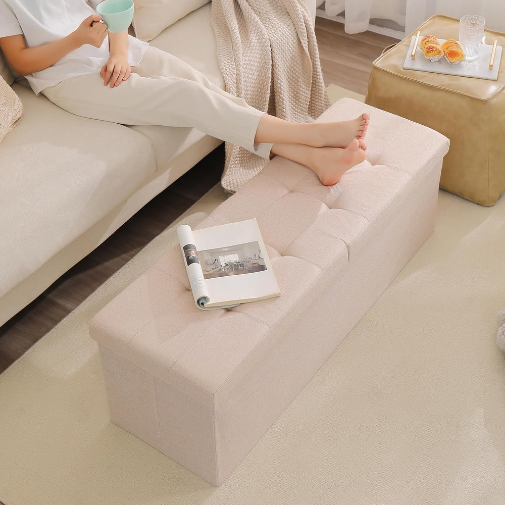 Storage Ottoman Bench Foldable Footrest Foot Stool, 45" Fabric Green