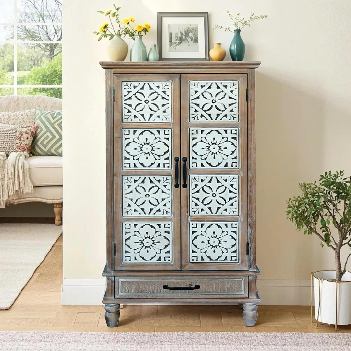 LKTART 55" Tall Carved Accent Cabinet,Solid Wood Sideboards Buffet Cabinet