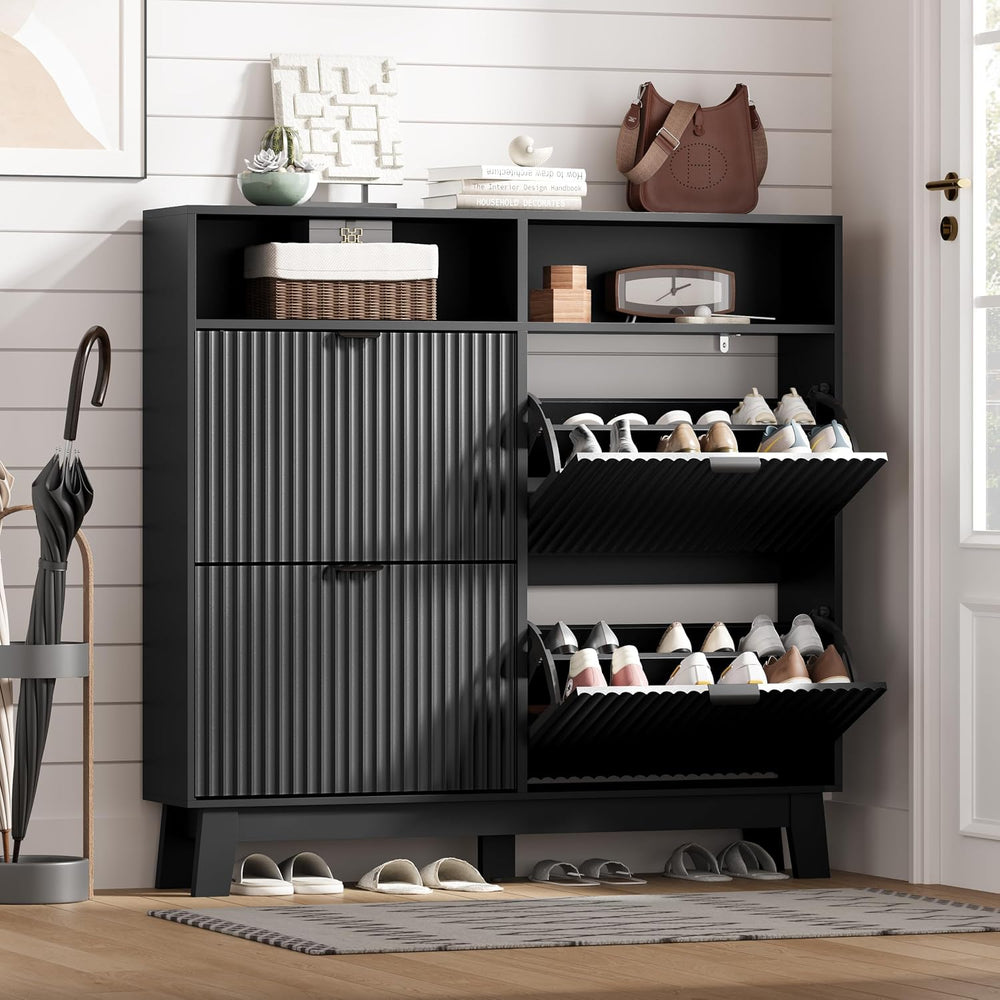 Shoe Cabinet Storage for Entryway with 4 Flip Drawers & Cubby, Black