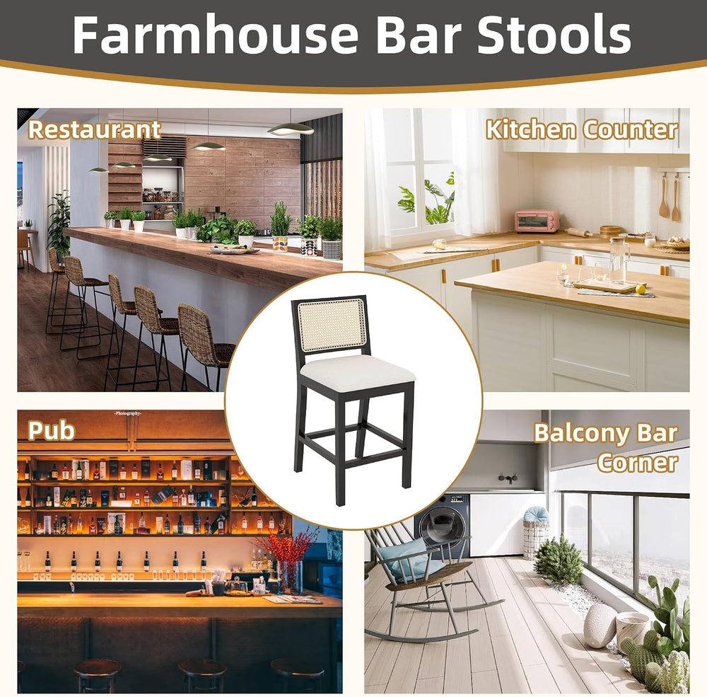 Rattan Bar Stools Set of 4, 26" Counter Height, Durable Black Wood Frame