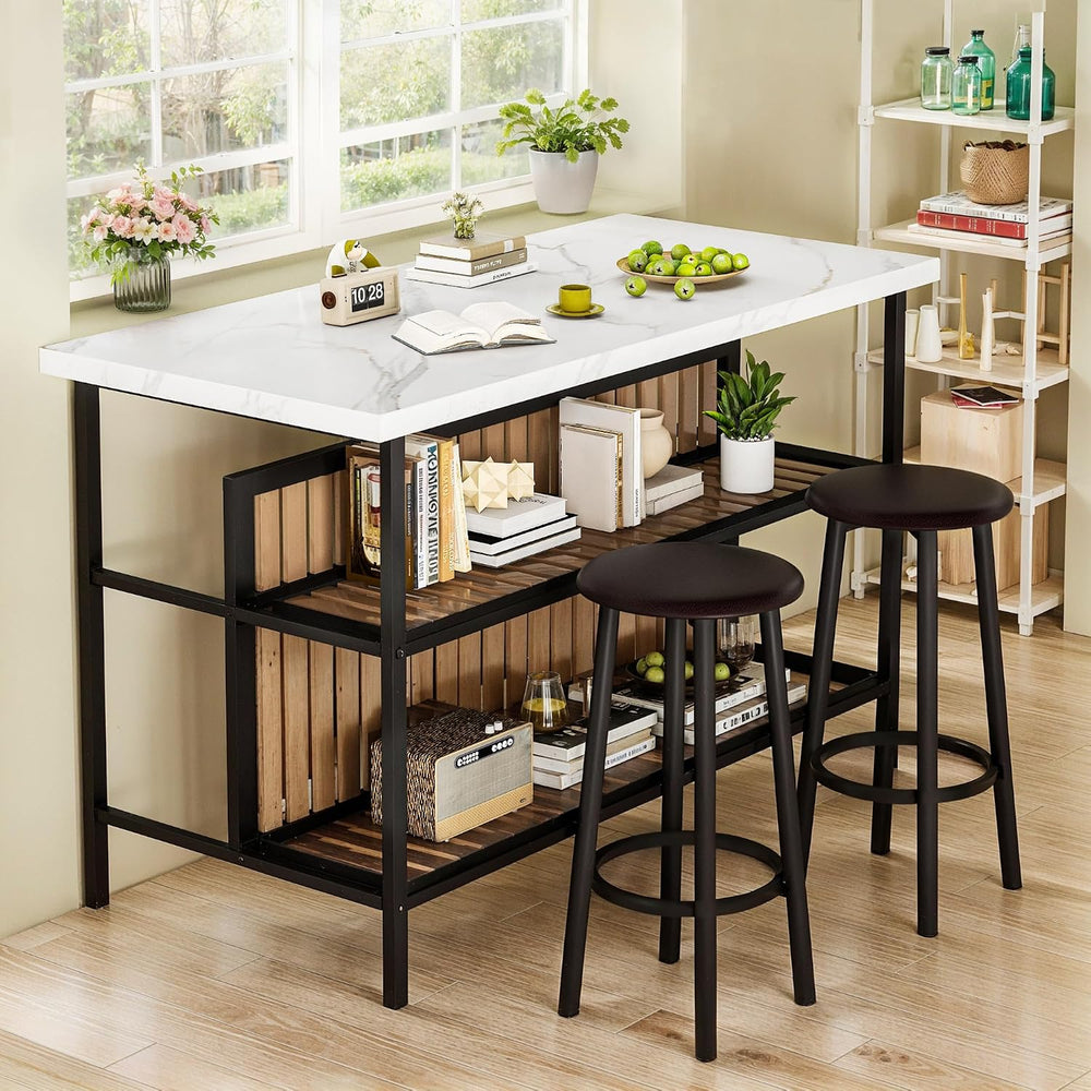 AWQM Kitchen Island with Seating & Storage, Bar Table and Chair Set, White