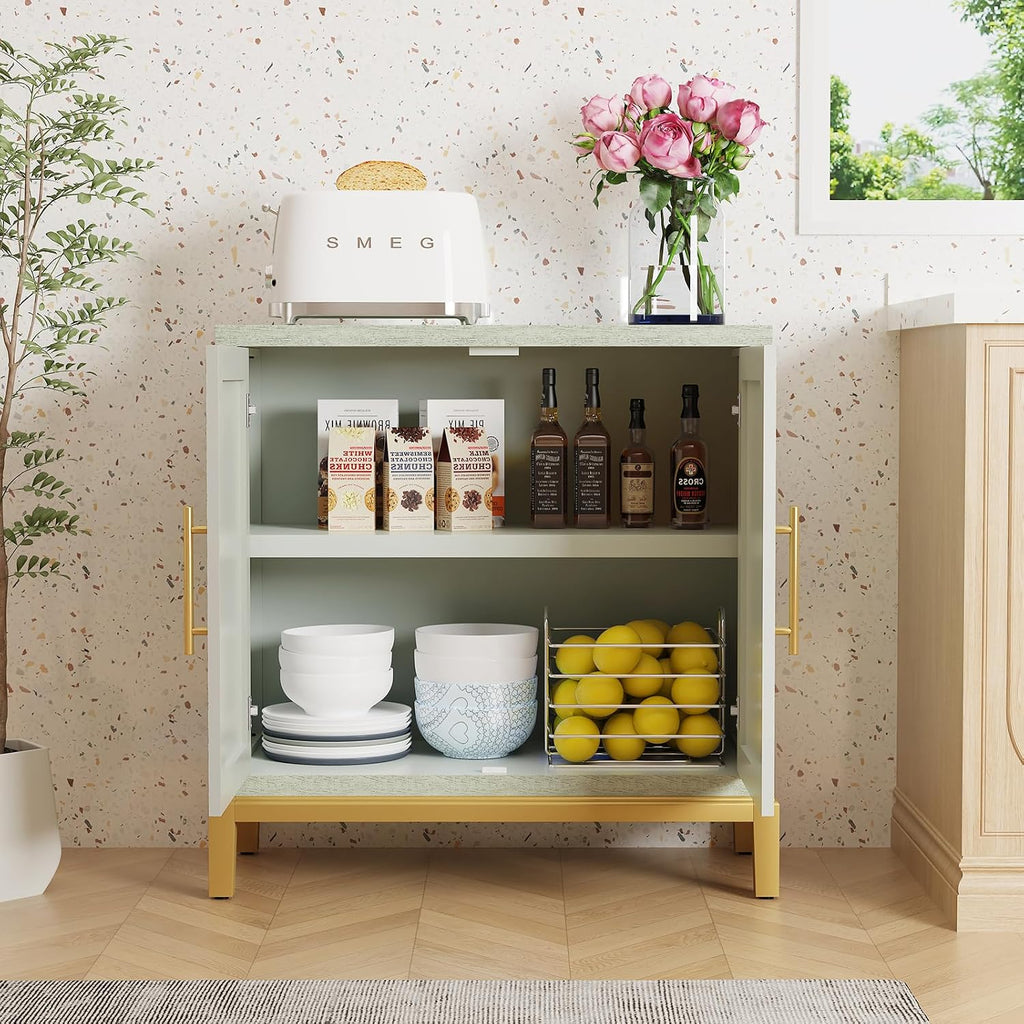 HLR Green Accent Cabinet with Gold Trim,Storage Cabinet with 2 Doors,Modern Wooden Sideboard for Living Room, Kitchen, Office and Hallway
