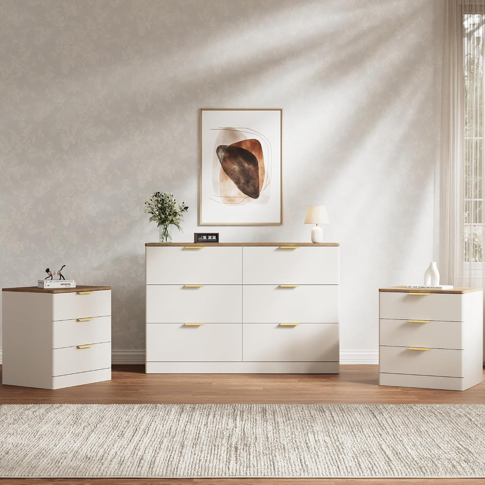 3 Pieces 6 Drawer Dresser & 3 Drawer Nightstand Set, White & Brown