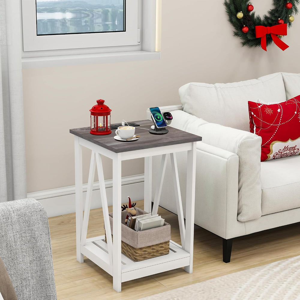 End Table, Farmhouse Square Side Table with 2 USB Ports & 2 Power Outlets