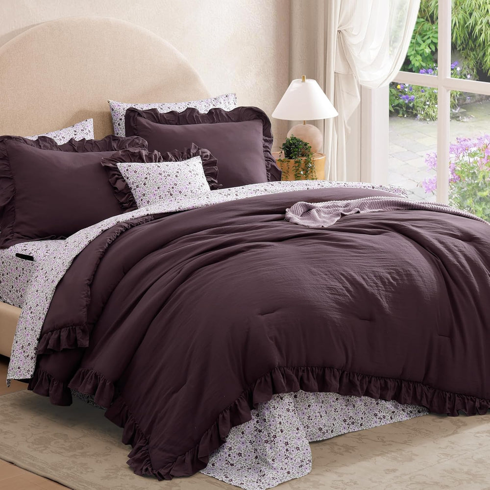 BLOOMHAVEN Full Size Comforter Sets-7 Pieces Ruffle Bedding Floral Sheet