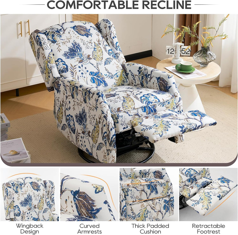 Floral Accent Swivel Rocker Recliner, Wingback Recliner Chair with Padded Sea...