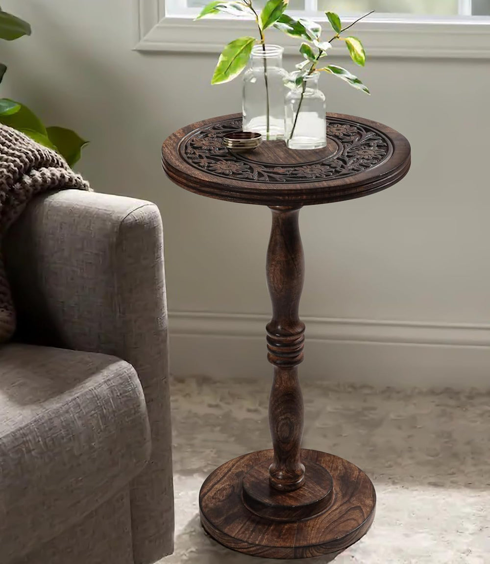 Mango Wooden Accent Table 12x22 Round Handcrafted Carved Side Table