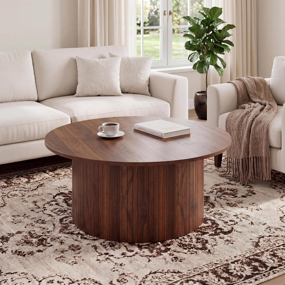 Garvee 31.5" Round Coffee Table, Small Coffee Table with Fluted, Walnut