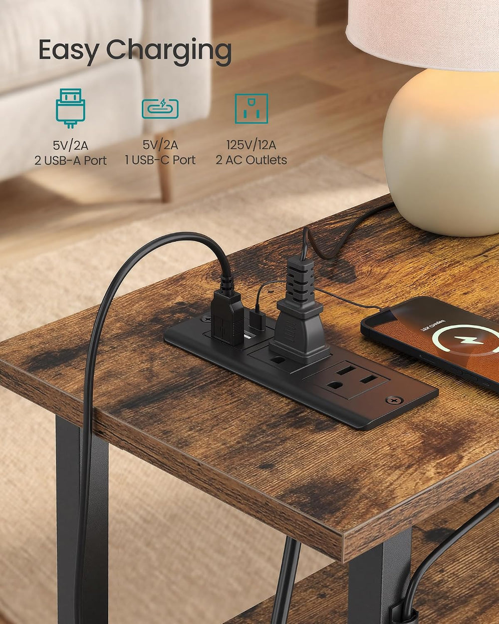 SONGMICS Side Table with LED Light, Narrow End Table with 2 Fabric Drawers