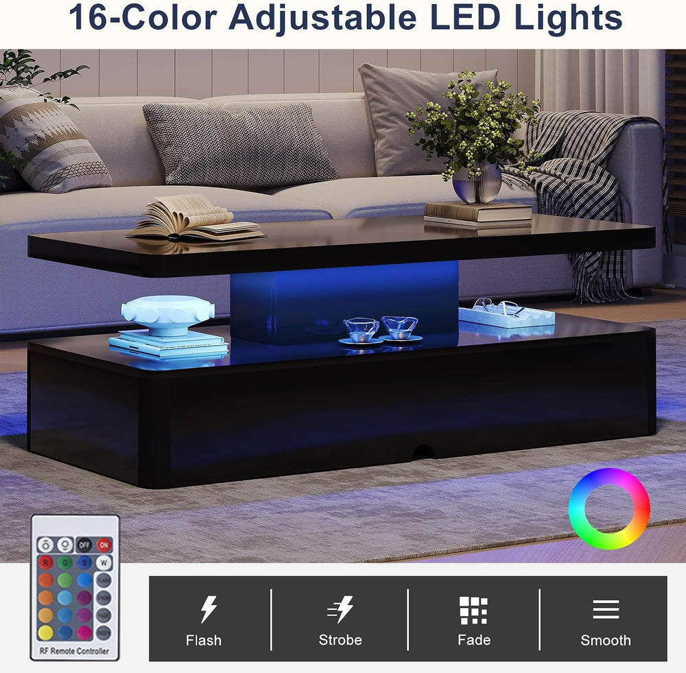 MXV 40" Modern Coffee Table with 16 Color LED Lights, 2 Tier Rectangular...