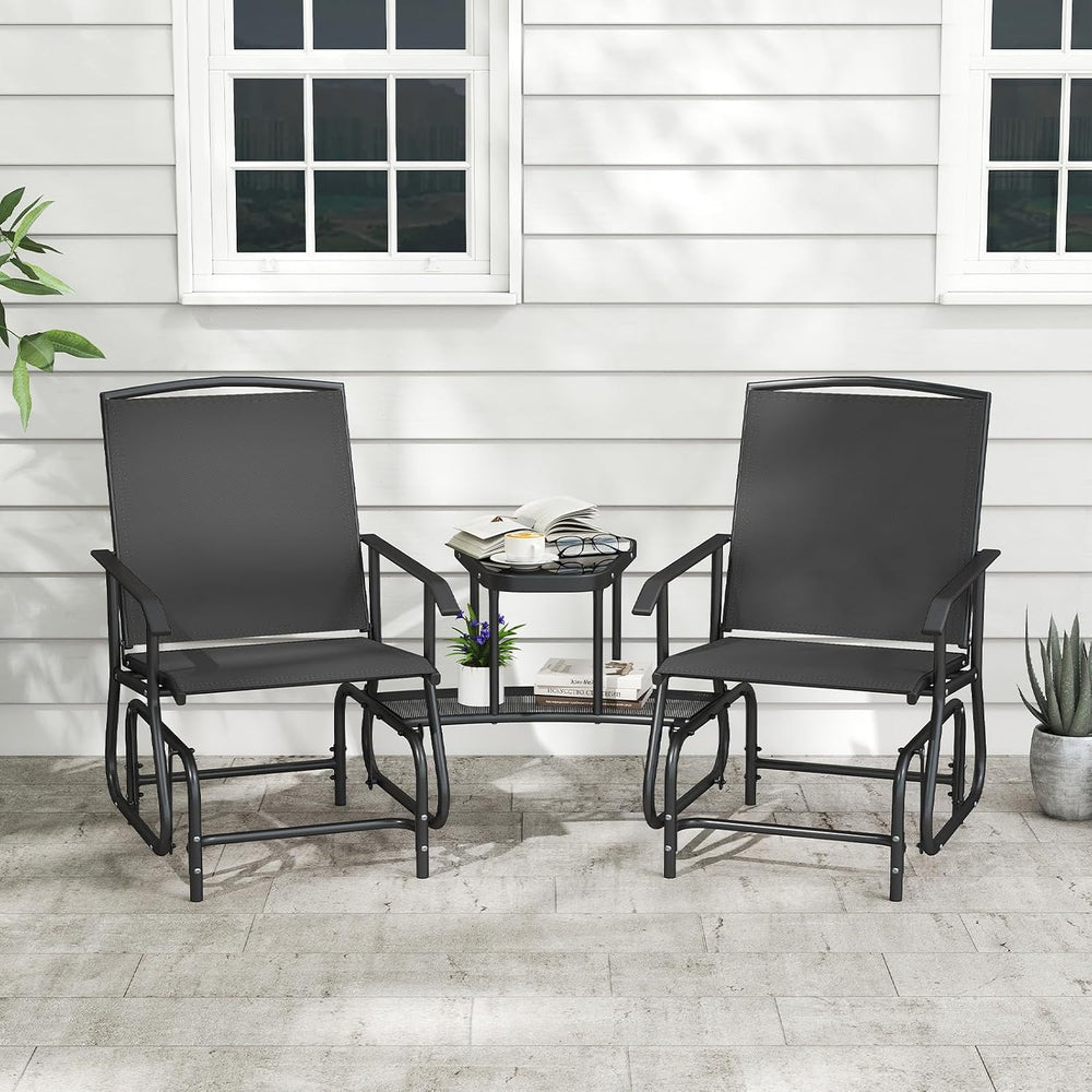 Tangkula 2-Seater Outdoor Glider Bench with 2-Tier Center Table (Black)