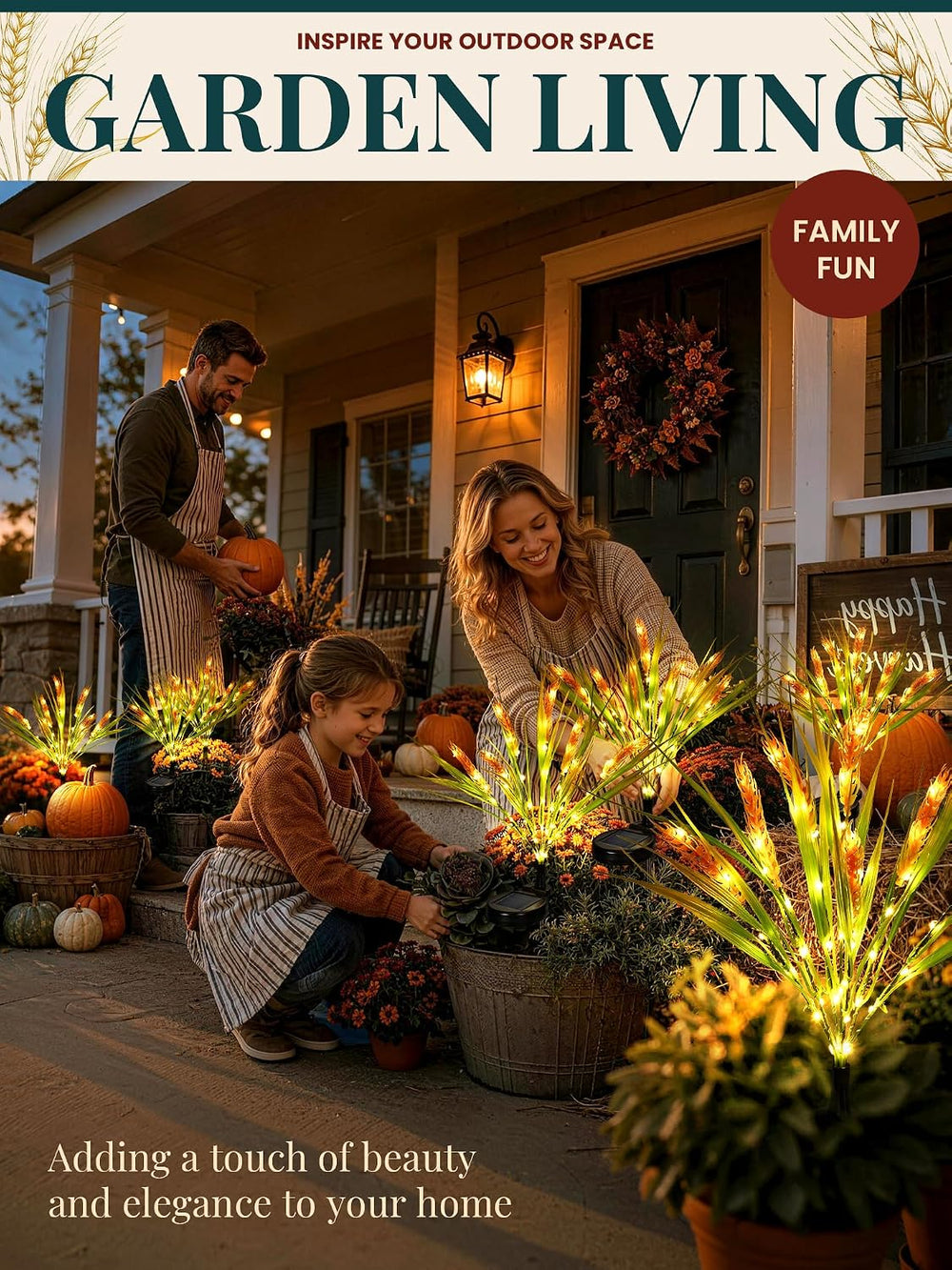 GIGALUMI Solar Wheat Outdoor Fall Thanksgiving Decor, 4 Pack, Yellow