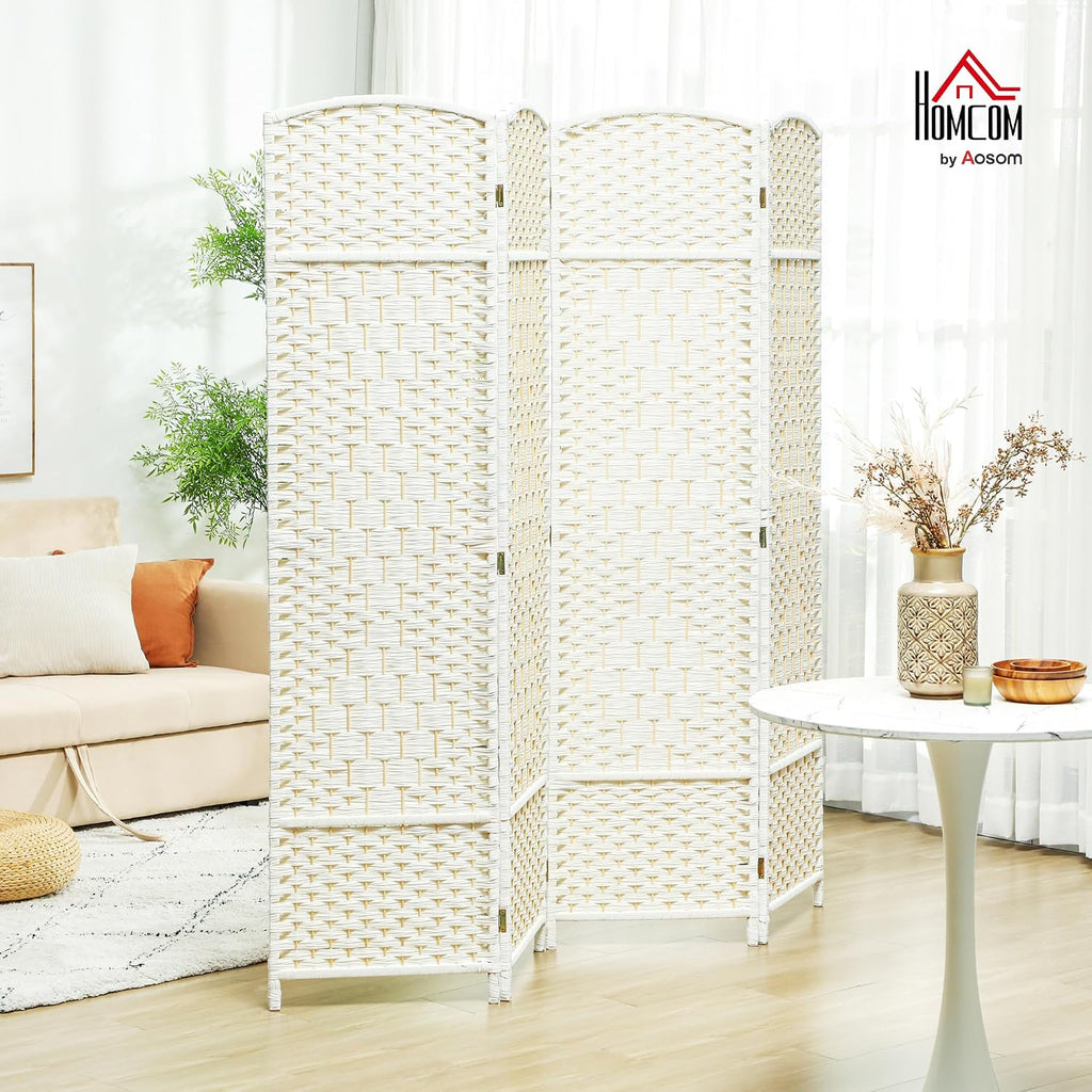 HOMCOM 4 Panel Room Divider 6 Ft Privacy Screen Hand-Woven White