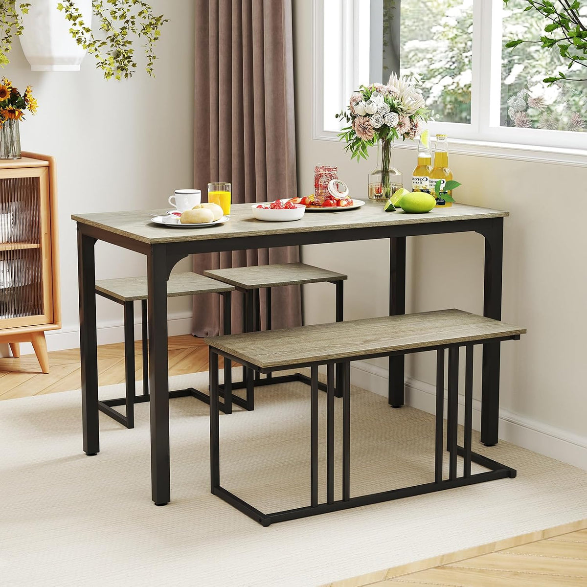 GOFLAME 4-Piece Dining Table Set for 4, Rectangular Wood Dining Table with Bench & 2 Stools, Industrial Kitchen Table Set, Space-Saving Dinette Set for Living Room, Dining Room, Pub, Grey Oak