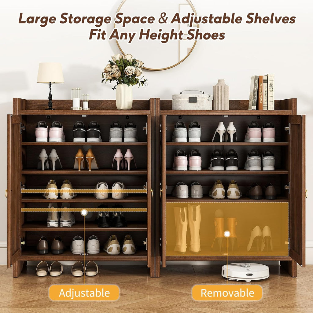 Shoe Cabinet Storage for Entryway - Rattan Entry Way Shoe Storage Cabinet with Adjustable Shelves, Wood Shoe Organizer Cabinet, Accent Cabinet with Doors for Entrance Hallway Living Room Foyer